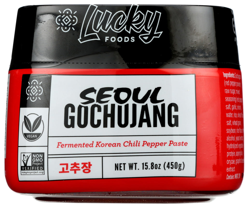 Lucky Foods Seoul Gochujang bottle pour showing rich glaze for bold stir-fry flavor