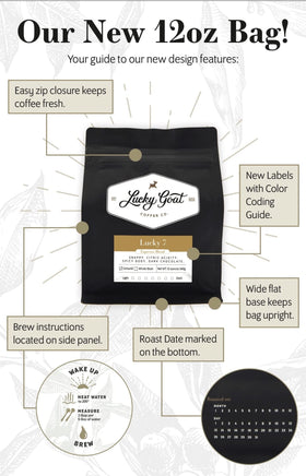 Lucky Goat low-acid, medium roast profile suits daily coffees.