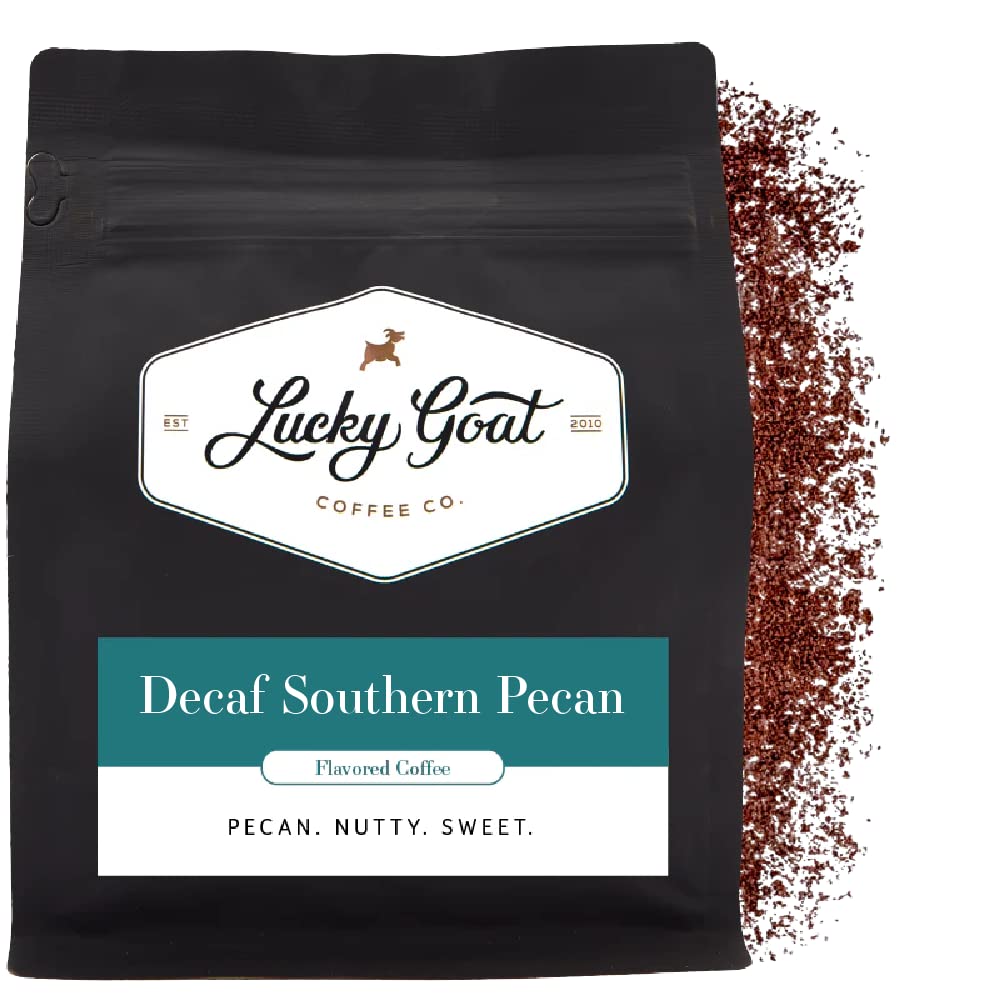 Lucky Goat Southern Pecan ground coffee bag shows full-bodied, nutty aroma.