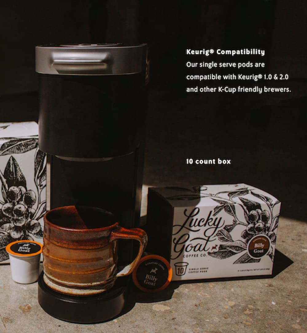 Lucky Goat Southern Pecan pods box back highlighting ingredients and brewing tips