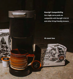 Lucky Goat Southern Pecan pods box back highlighting ingredients and brewing tips