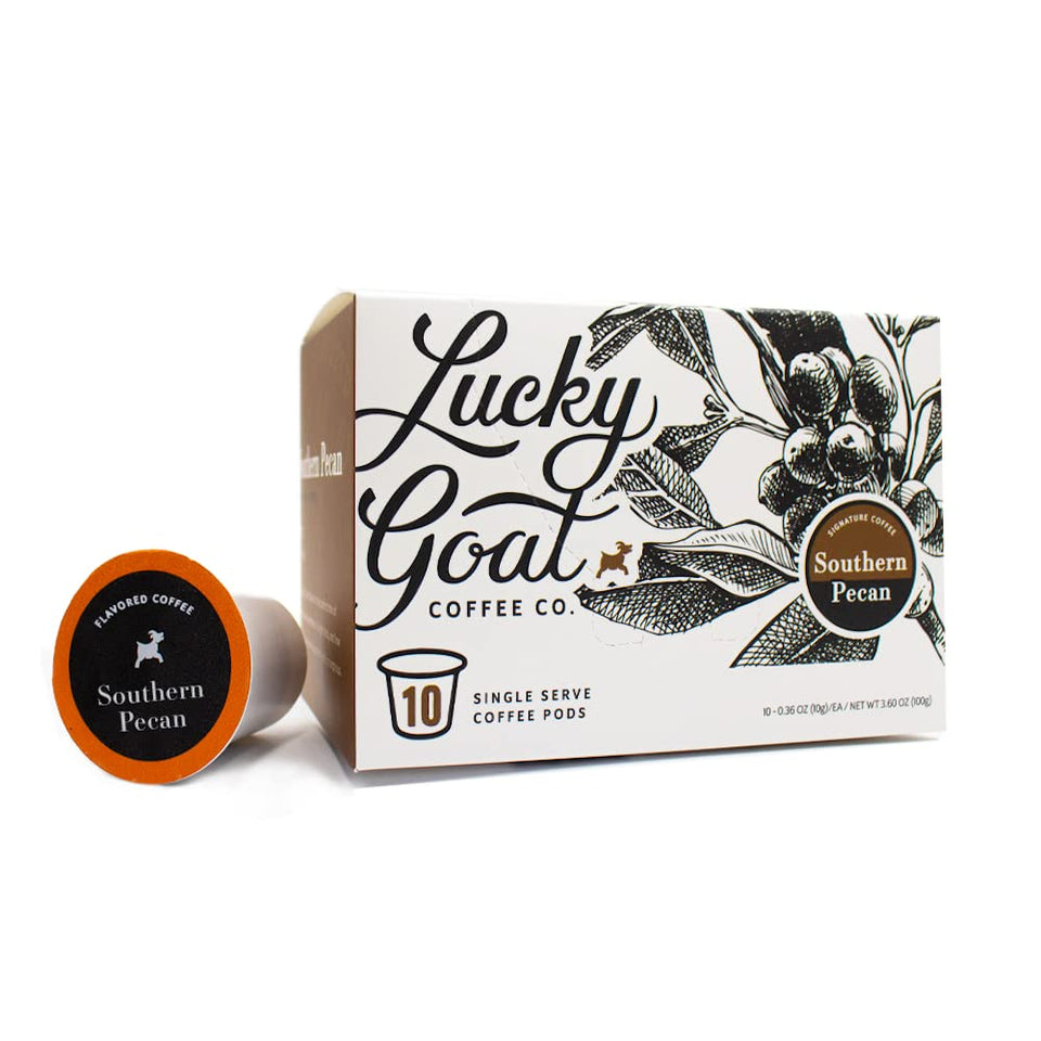 Lucky Goat Southern Pecan pods box front showing flavor and packaging for quick purchase