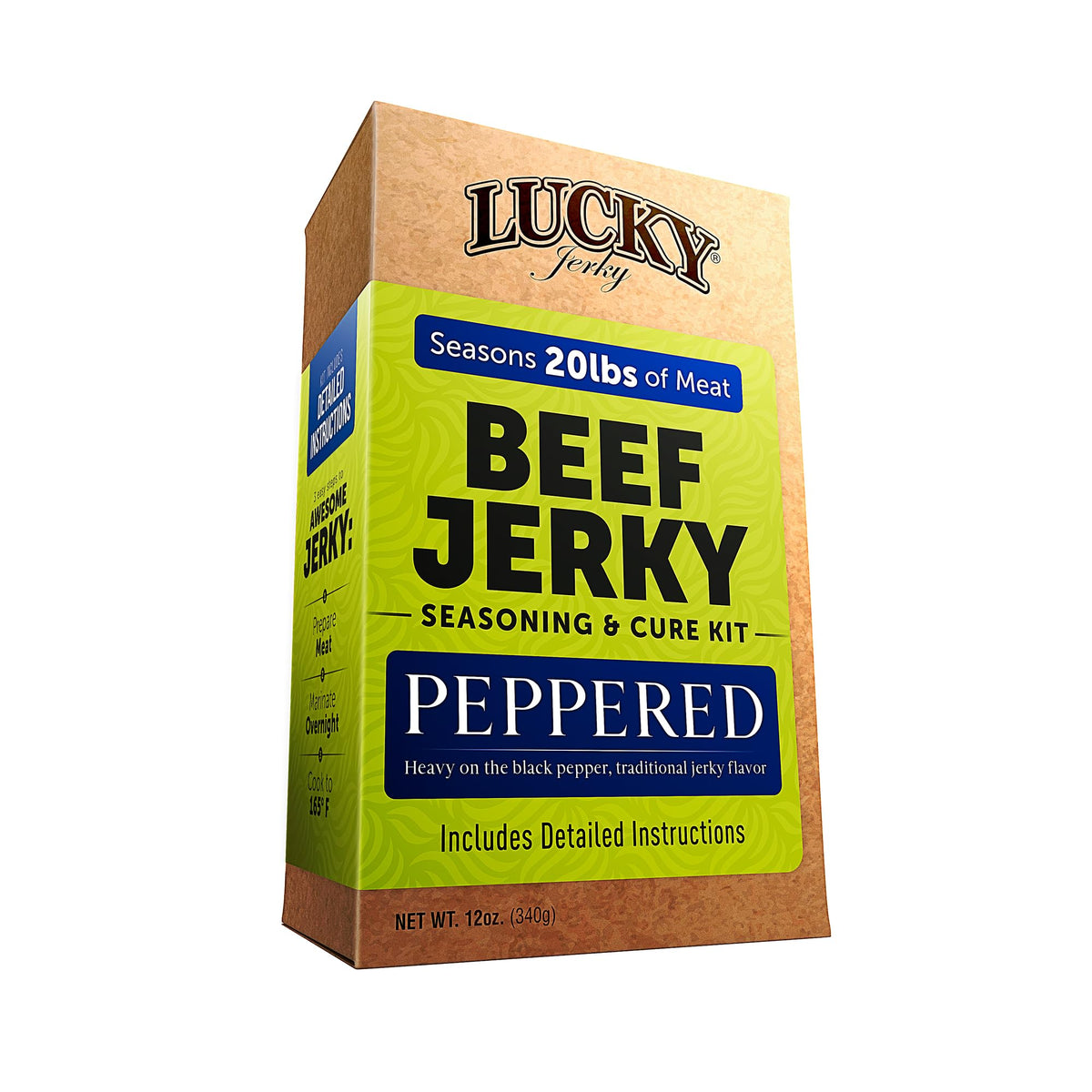 Lucky Jerky Peppered Kits slab-style pack ready to cure beef or venison.