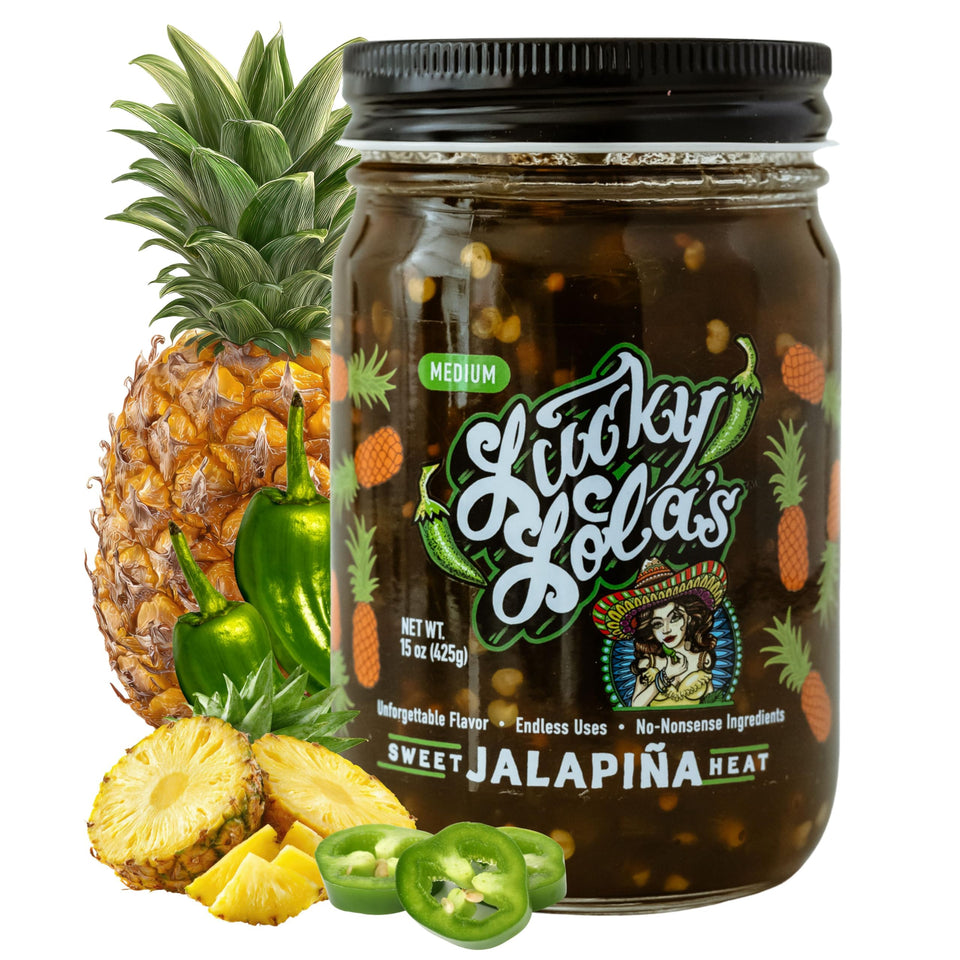 Lucky Lola's Sweet Jalapiña Heat bottle closeup highlights smoky jalapeño flavor for bold meals.