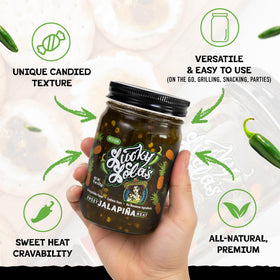 Lucky Lola's Sweet Jalapiña Heat jar label emphasizes clean ingredients for natural flavor.