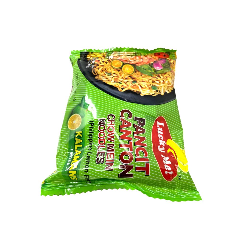 Lucky Me! Pancit Canton Kalamansi seasoning packet visible enhances authentic flavor.