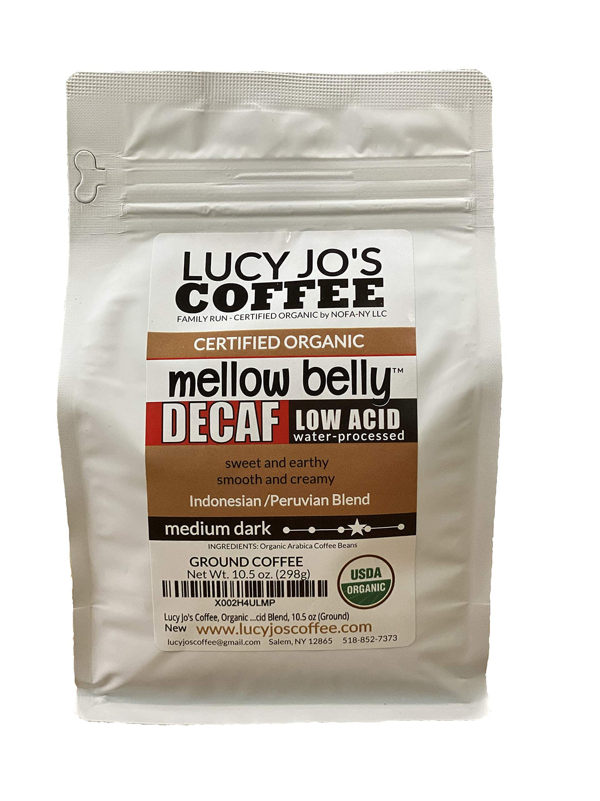 Lucy Jo's Coffee Decaf Mellow Belly Ground: smooth, low-acid blend for gentle mornings