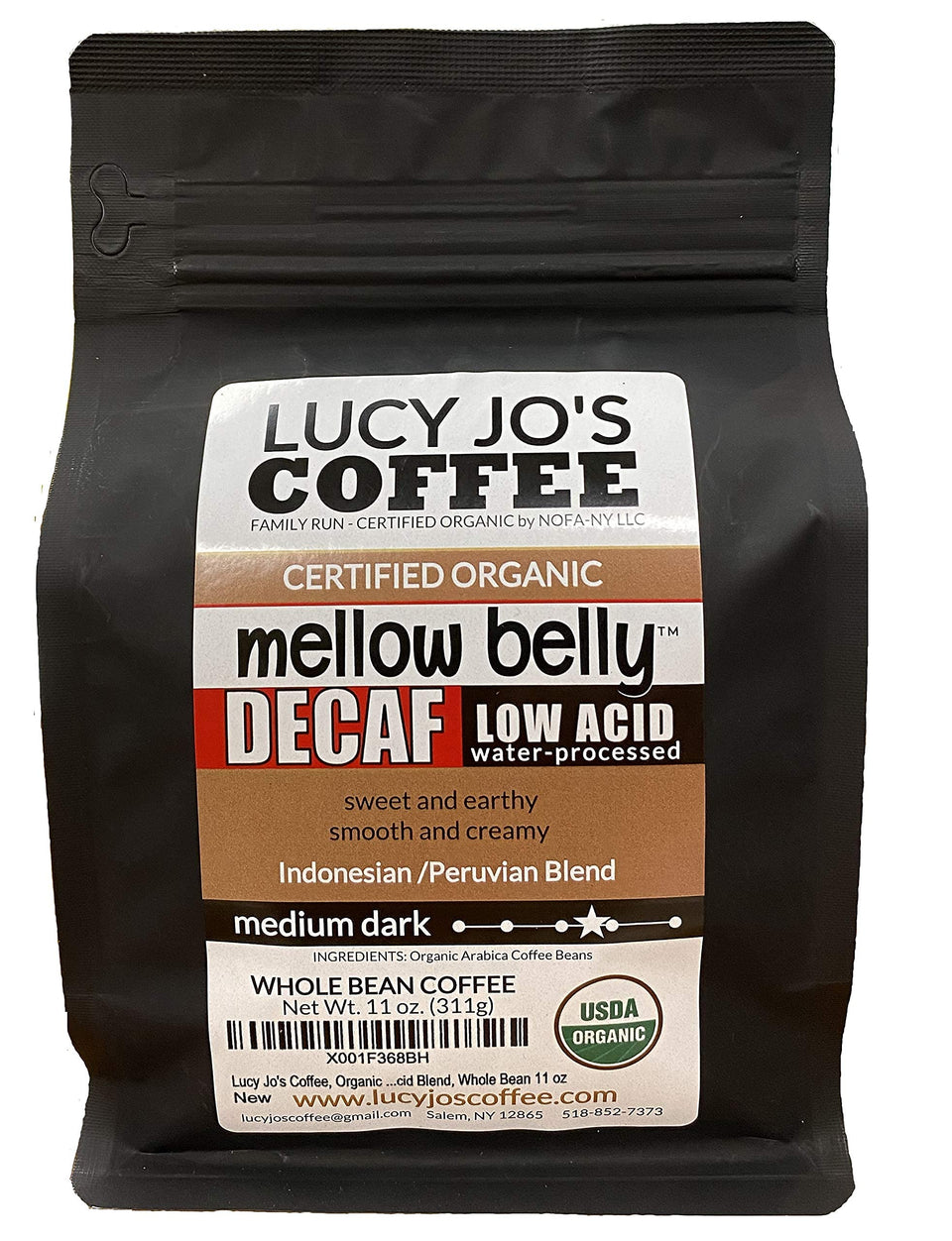 Lucy Jo's Coffee Decaf Mellow Belly; whole bean, low acidity, smooth and easy mornings