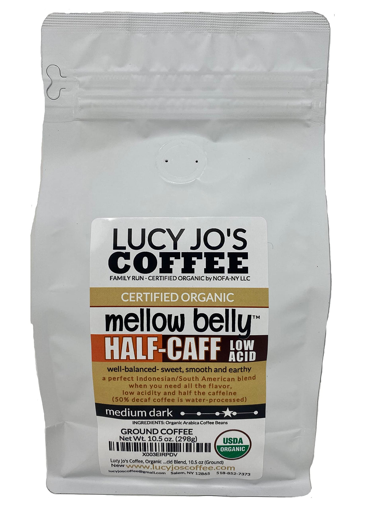 Lucy Jo's Half-Caff ground bag – smooth, low-acid flavor for daily coffee rituals.