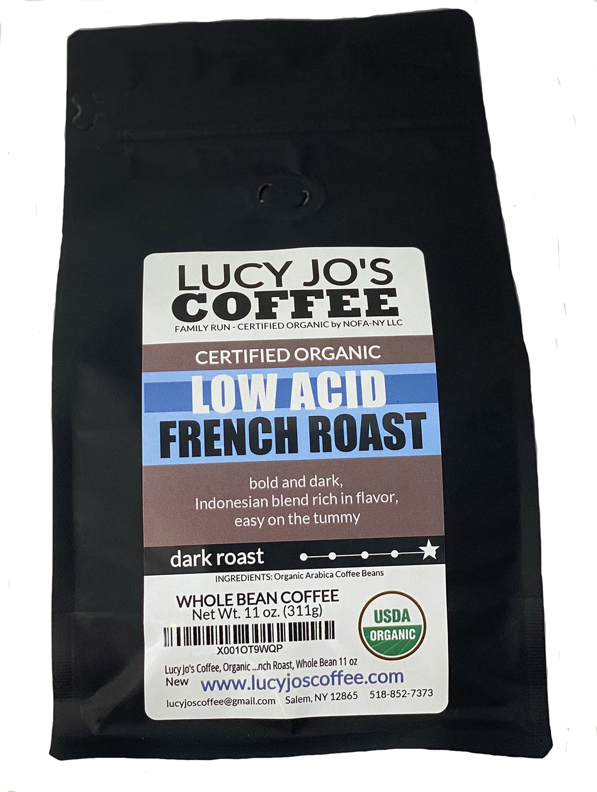 Lucy Jo's Coffee low acid French roast bag offers bold, smooth flavor for French press mornings.