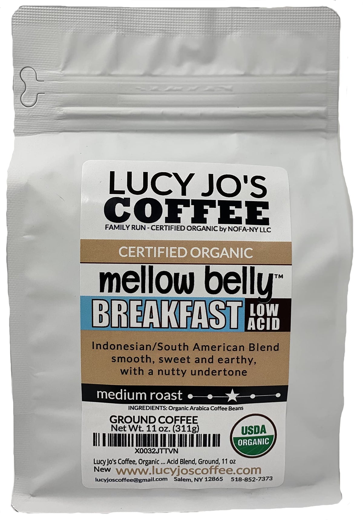 Lucy Jo's Coffee Mellow Belly Breakfast bag, low acid and smooth medium roast.