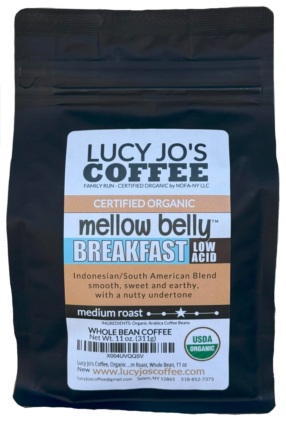 Lucy Jo's Coffee Mellow Belly bag showing a smooth, low-acid breakfast blend ideal for mornings