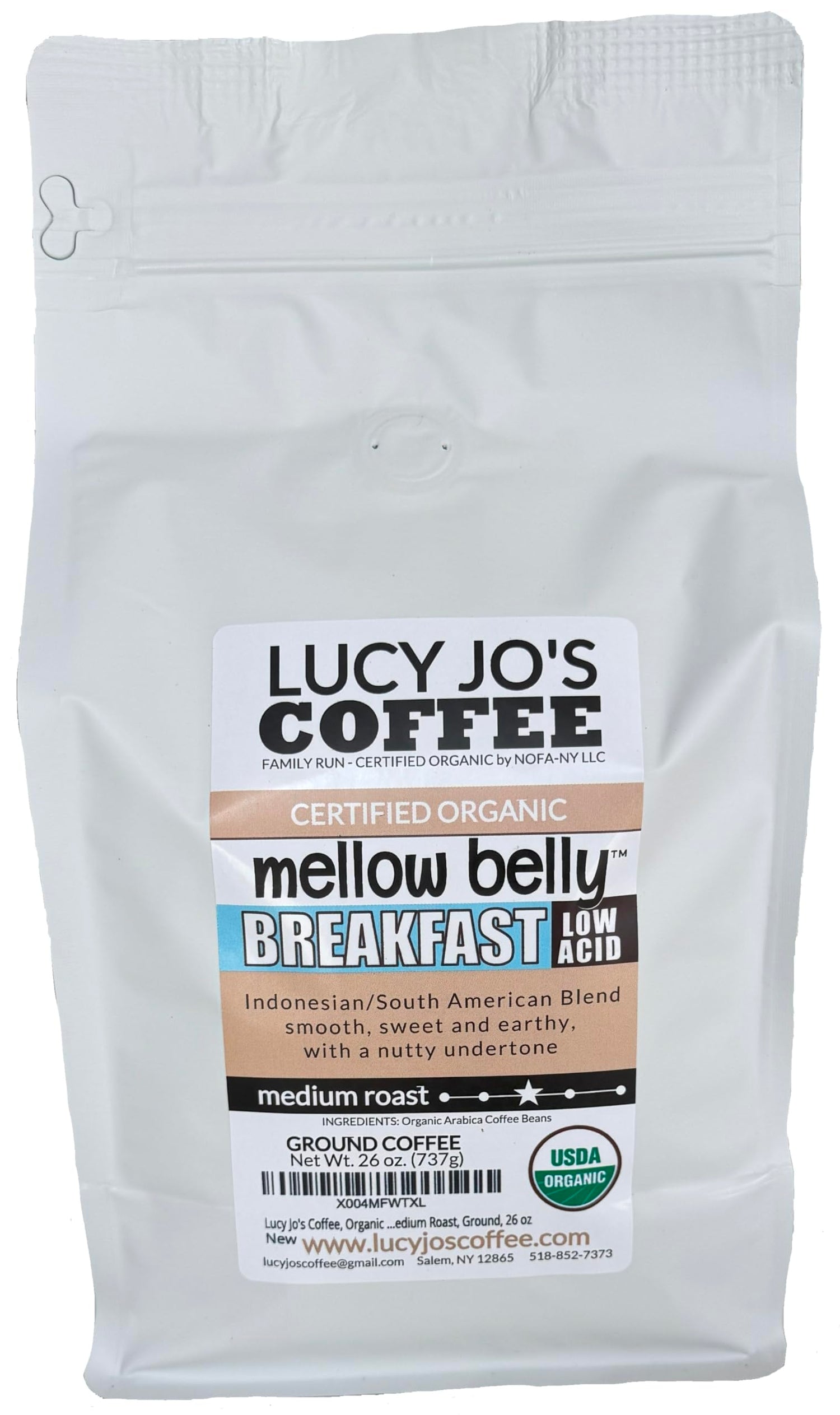 Lucy Jo's Coffee Mellow Belly Breakfast Ground coffee bag, smooth and low-acid for a gentle morning start