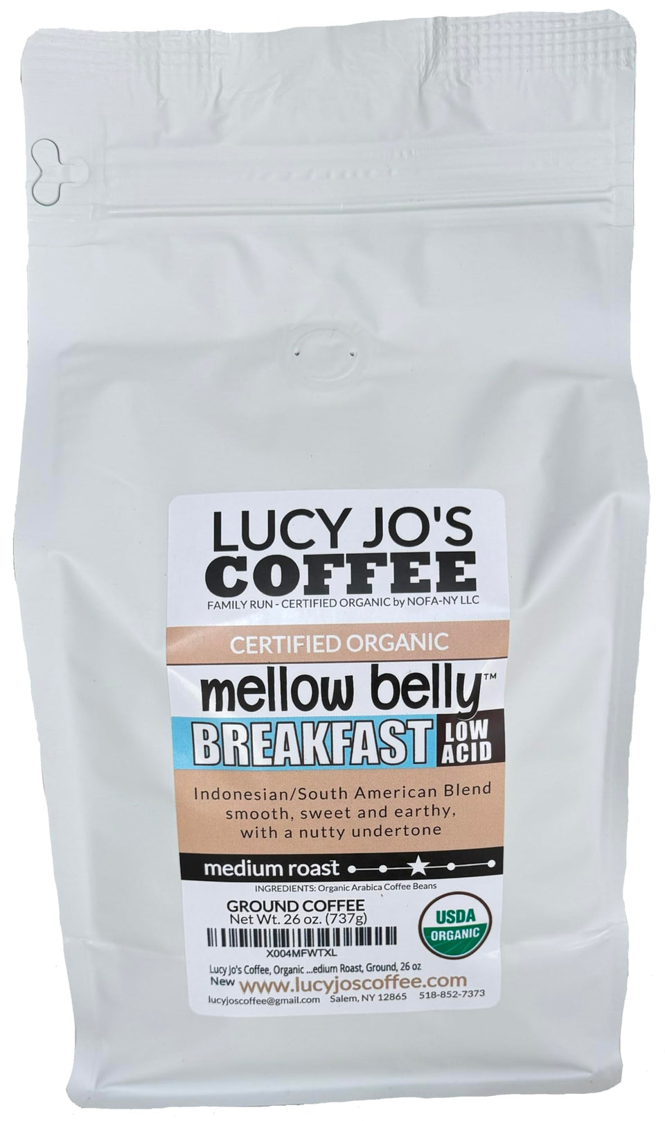Lucy Jo's Coffee Mellow Belly Breakfast Ground coffee bag, smooth and low-acid for a gentle morning start
