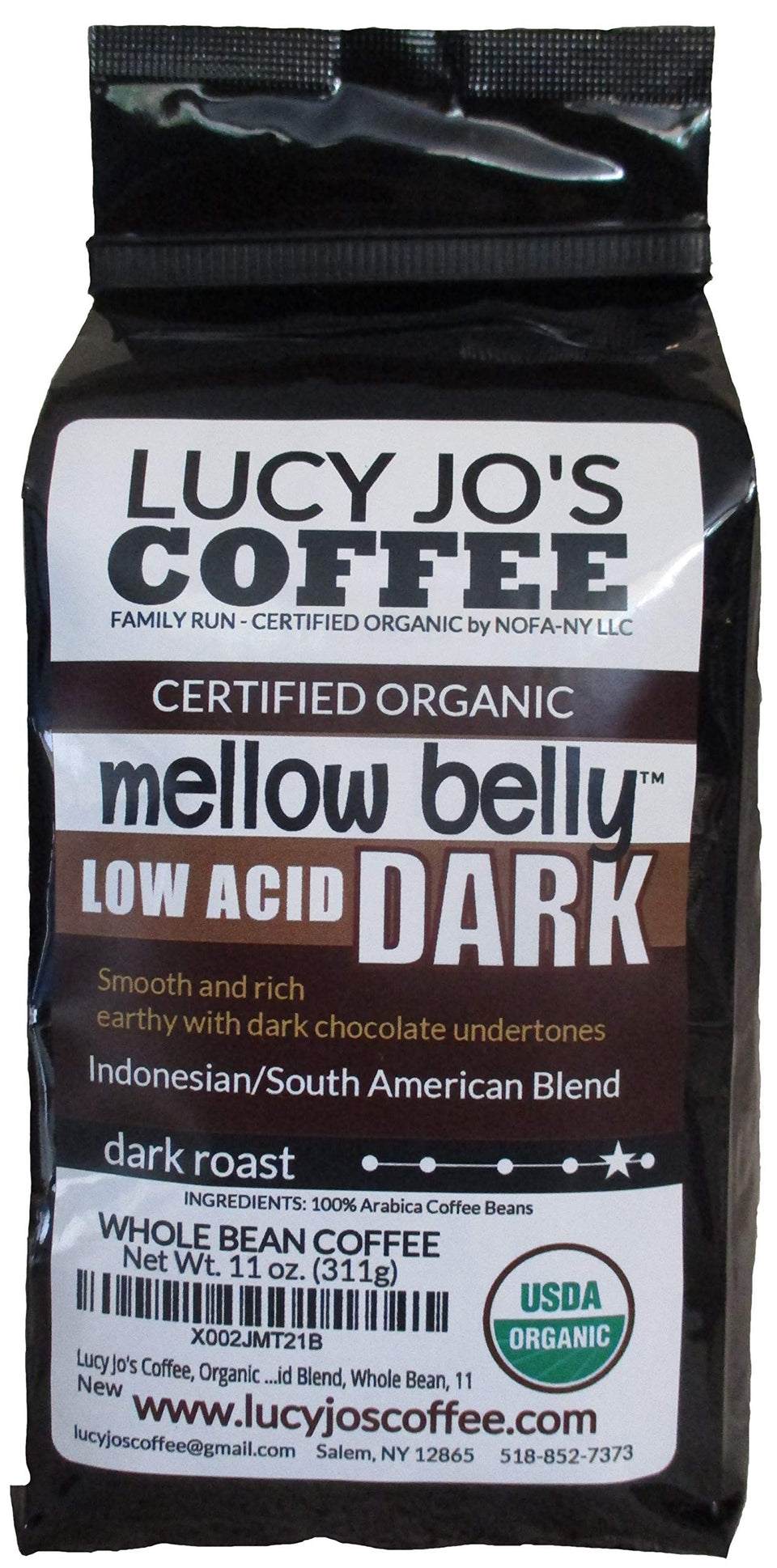 Lucy Jo's Mellow Belly Dark Low Acid coffee bag showcasing smooth, easy-to-digest aroma.