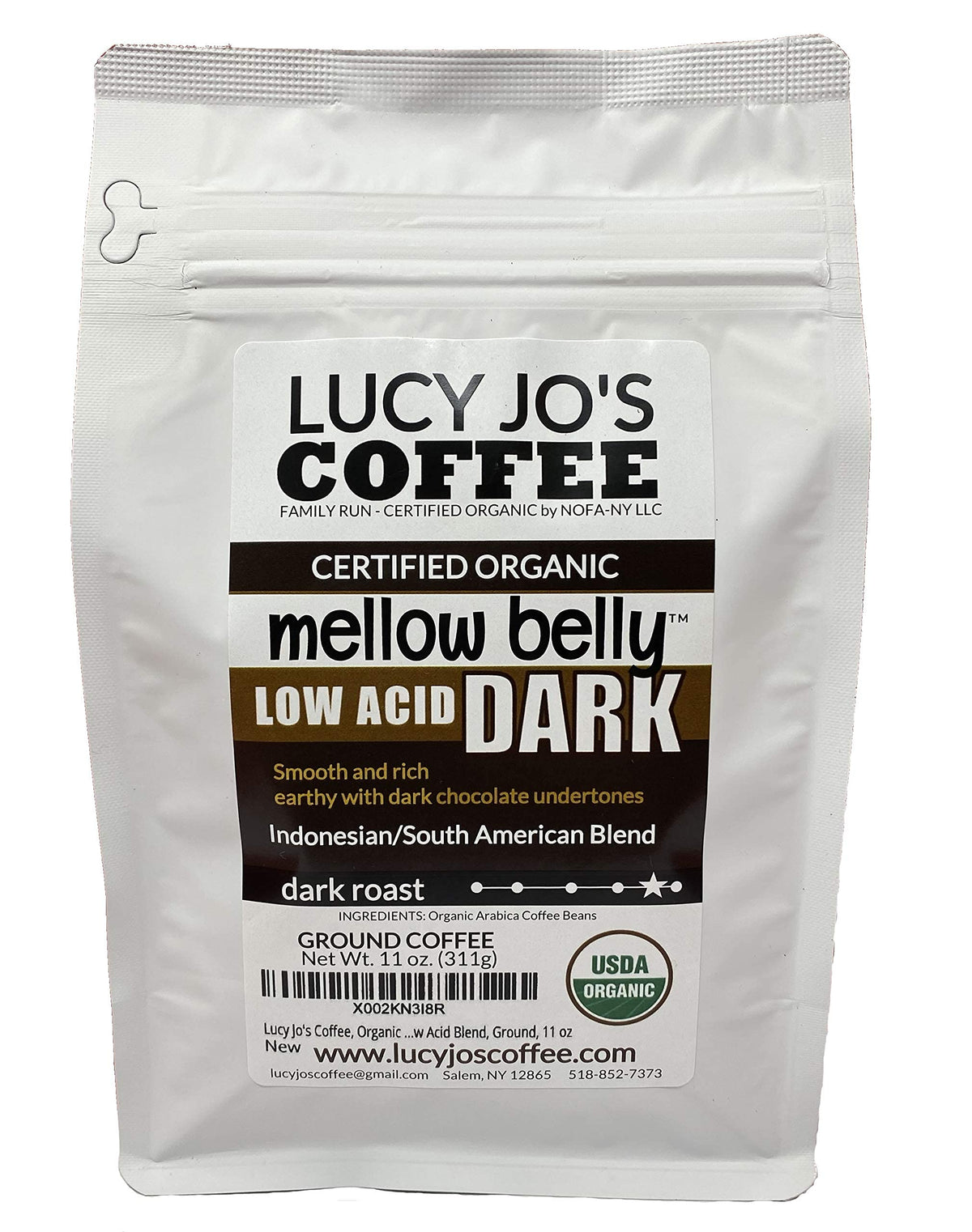 Lucy Jo's Coffee Mellow Belly Dark Low Acid Ground, smooth low-acid blend for easy mornings