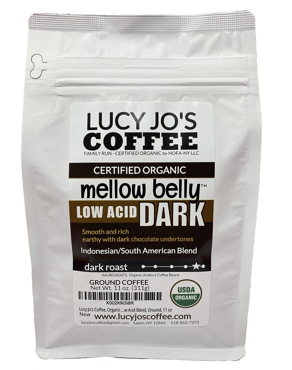 Lucy Jo's Coffee Mellow Belly Dark Low Acid Ground, smooth low-acid blend for easy mornings
