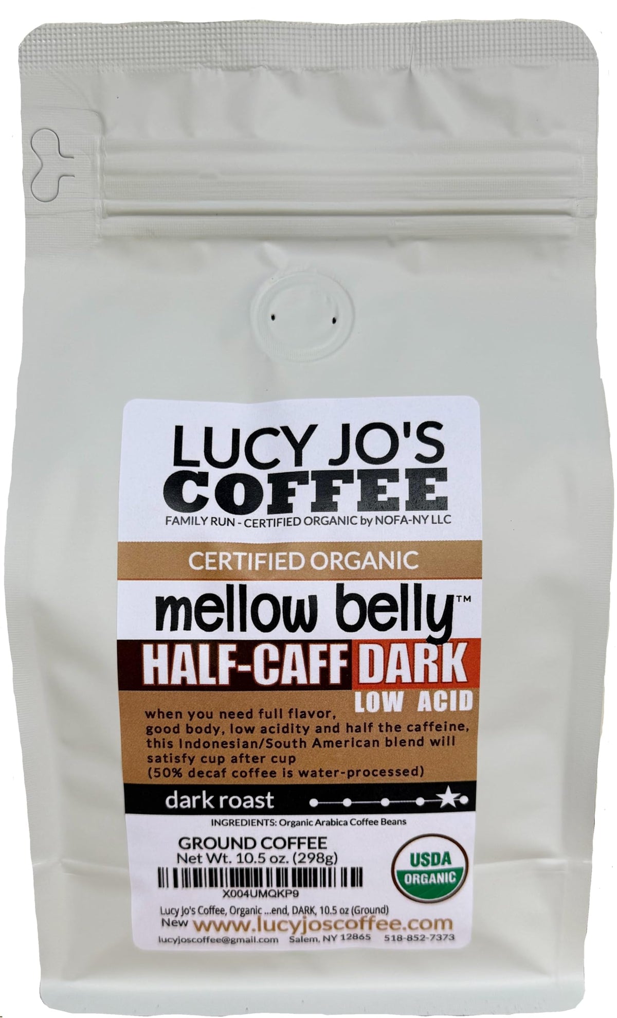 Lucy Jo's Coffee Mellow Belly Half-Caff Ground, low acidity for smooth mornings.
