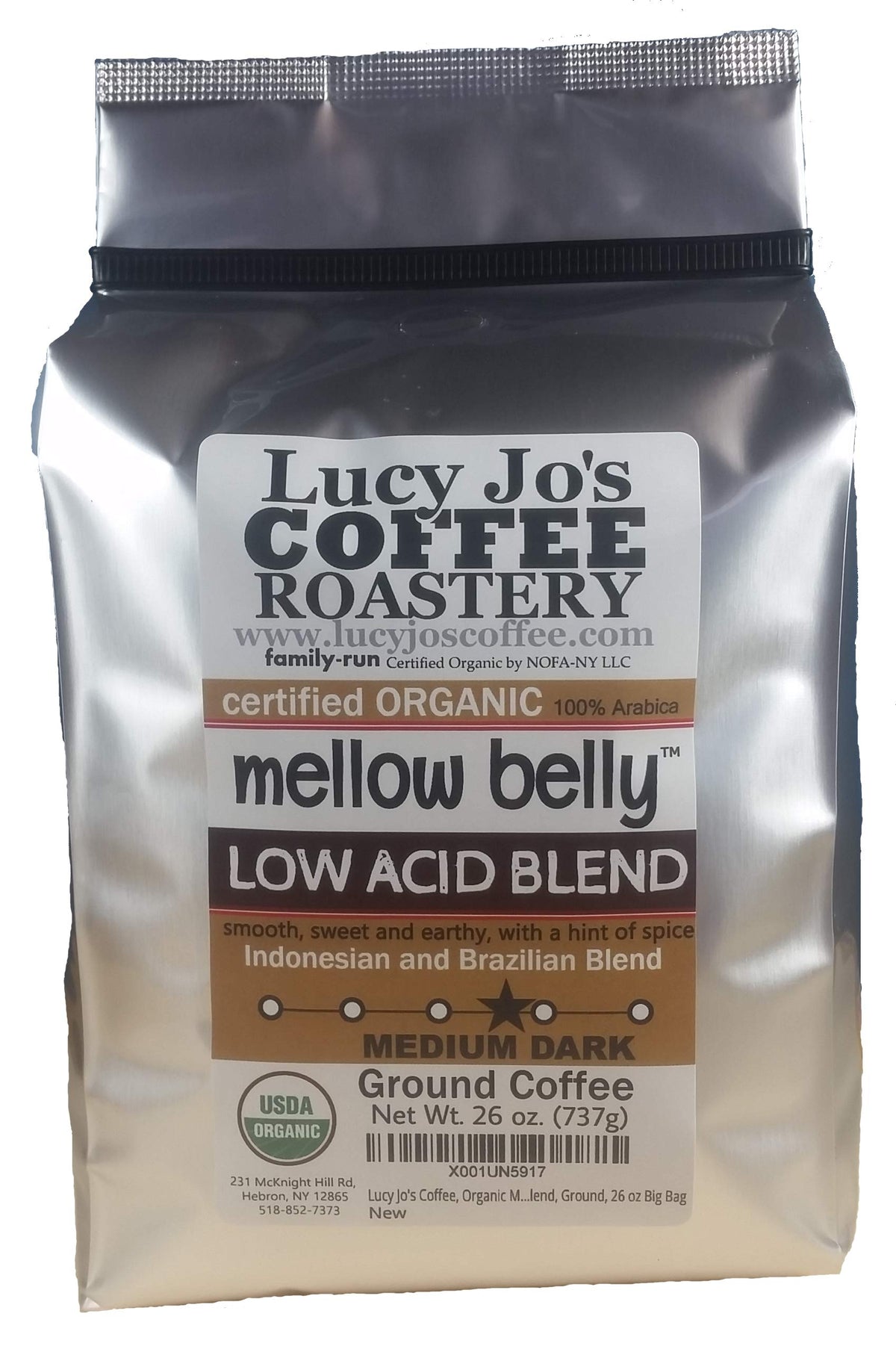 Lucy Jo's Coffee Mellow Belly Low Acid blend in a ground bag, gentle on the stomach.