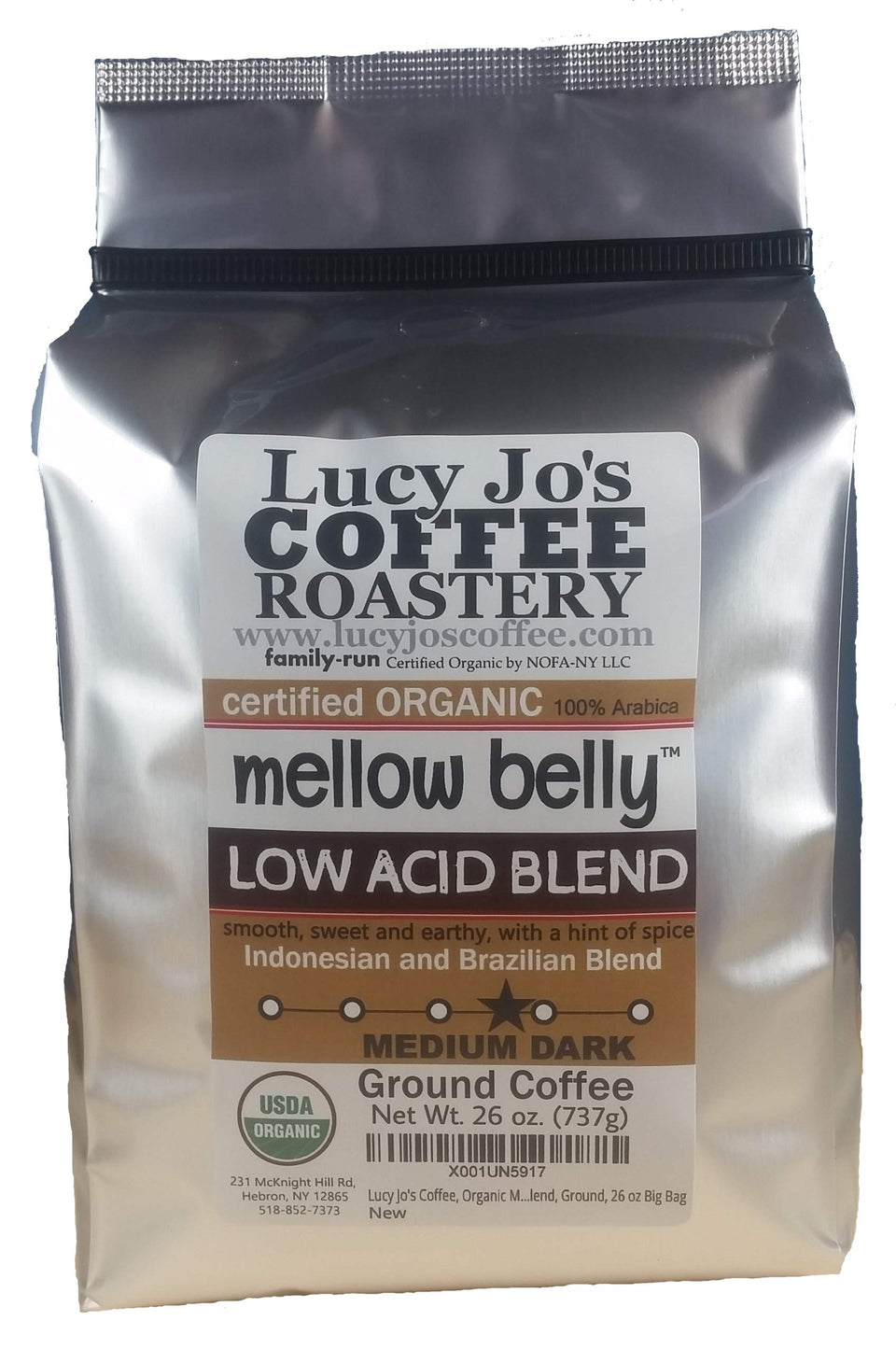 Lucy Jo's Coffee Mellow Belly Low Acid blend in a ground bag, gentle on the stomach.