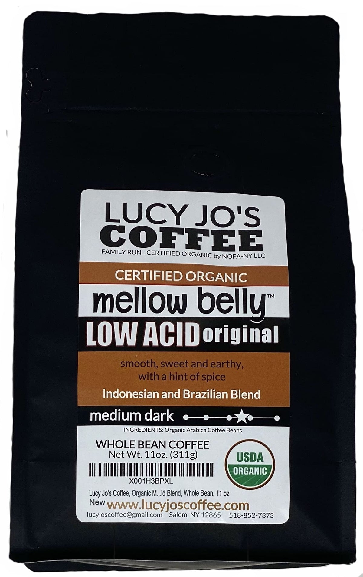 Lucy Jo's Coffee Mellow Belly Low Acid bag, smooth and easy on the stomach for daily brewing.