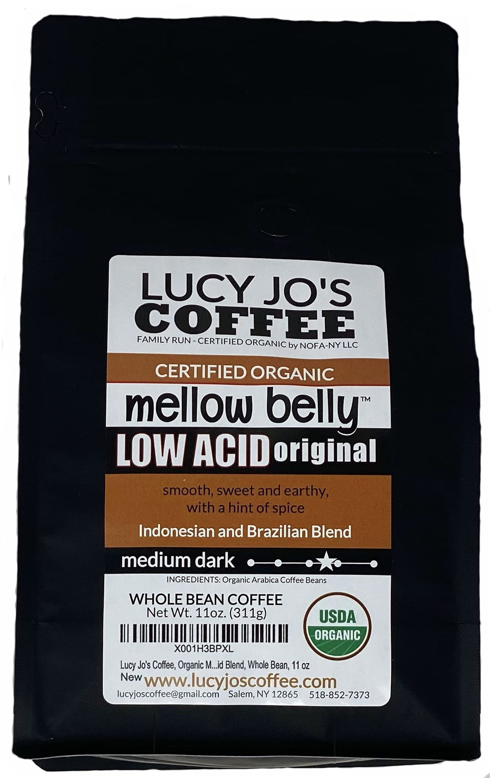 Lucy Jo's Coffee Mellow Belly Low Acid bag, smooth and easy on the stomach for daily brewing.