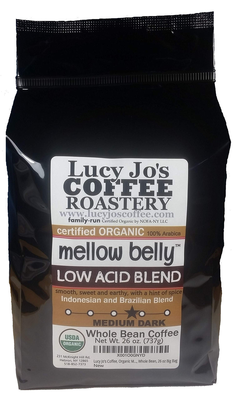 Lucy Jo's Mellow Belly Low Acid bag, ideal for a smooth morning brew that's easy on the stomach