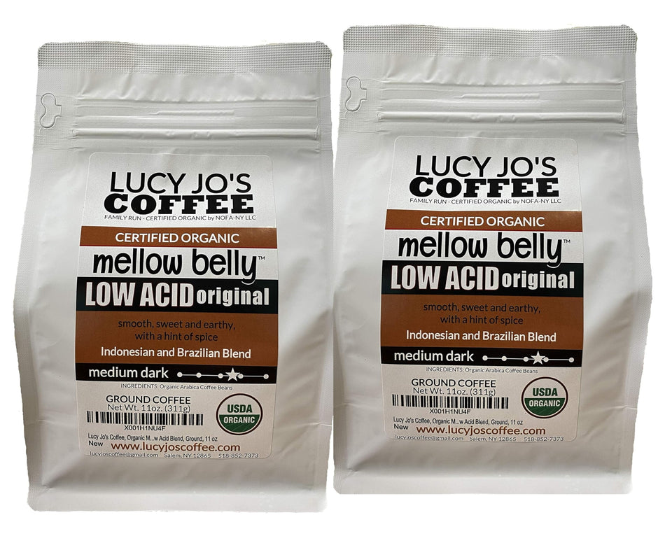 Lucy Jo's Mellow Belly Low Acid bags deliver smooth flavor and easy on the stomach.