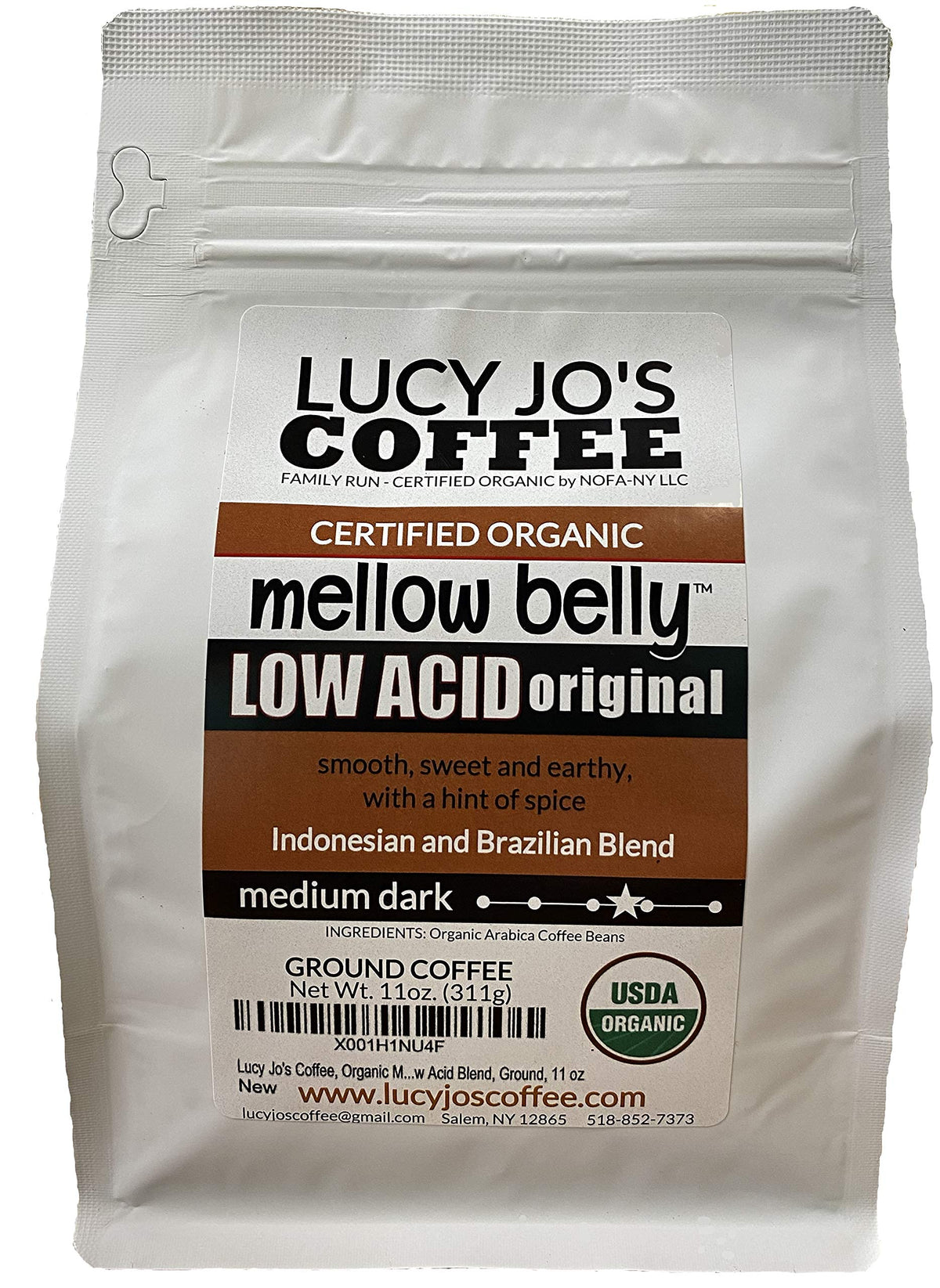 Lucy Jo's Coffee Mellow Belly Low Acid Ground 11oz, easy on the stomach and flavorful.
