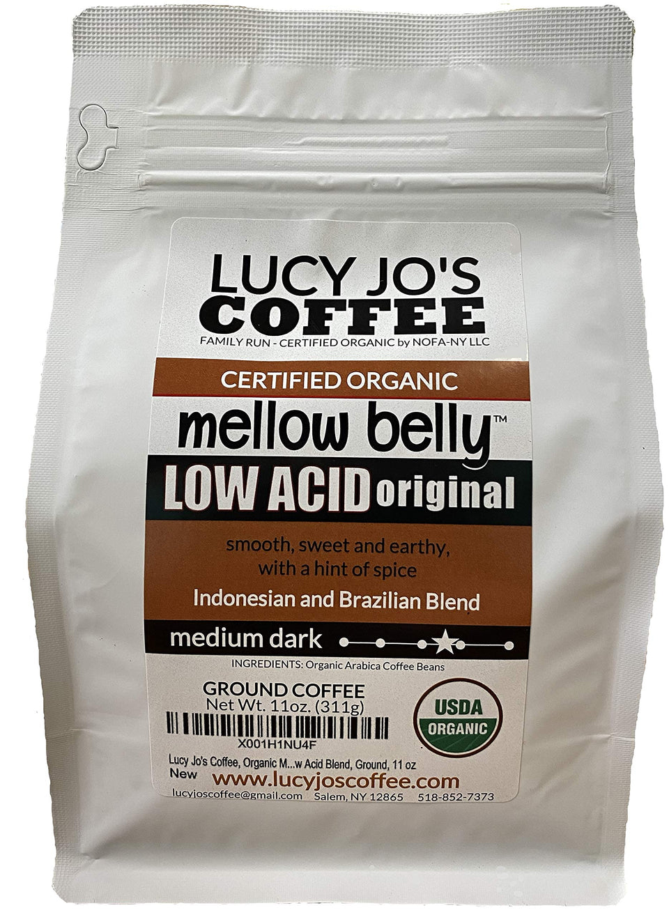 Lucy Jo's Coffee Mellow Belly Low Acid Ground 11oz, easy on the stomach and flavorful.