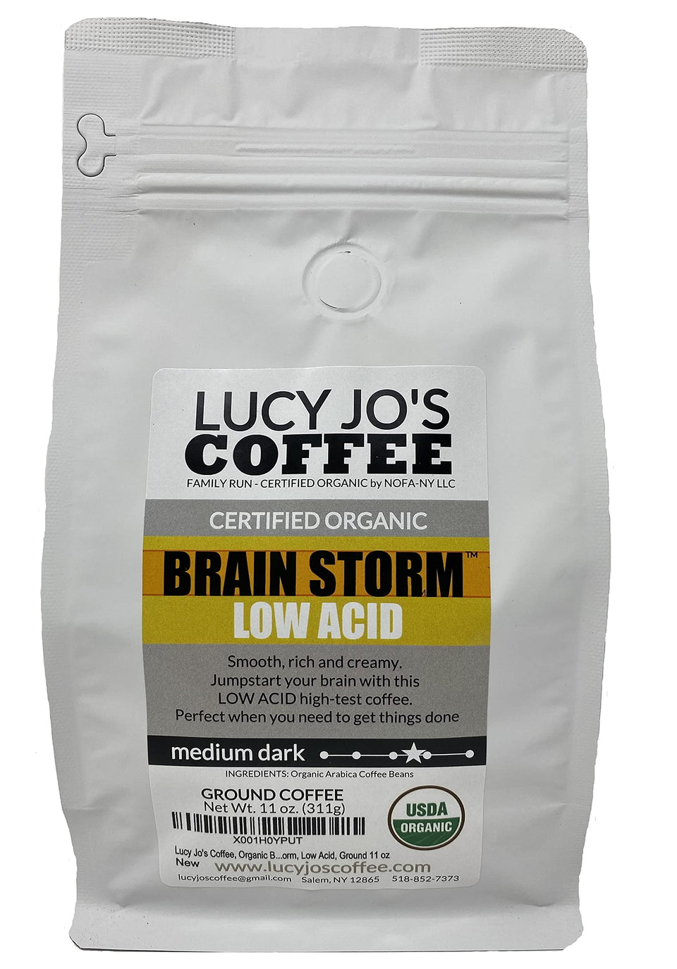 Lucy Jo's Organic Brainstorm ground coffee 11oz bag for smooth, low-acid mornings