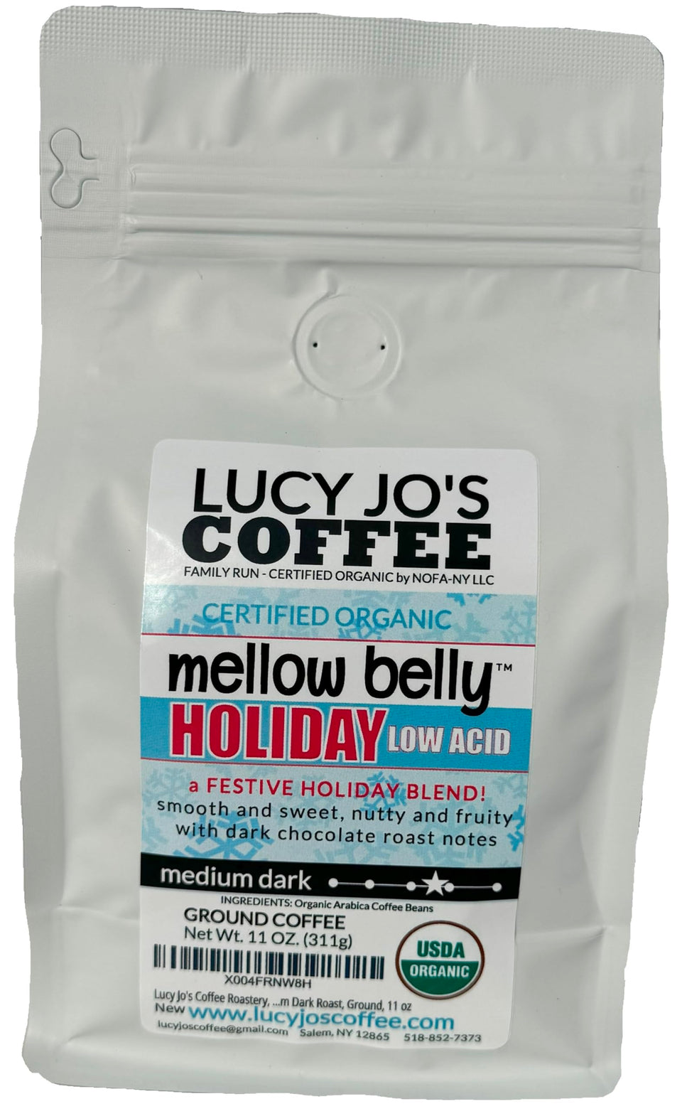 Lucy Jo's Coffee Organic Holiday Low Acid bag with festive packaging for easy gifting and smooth brewing
