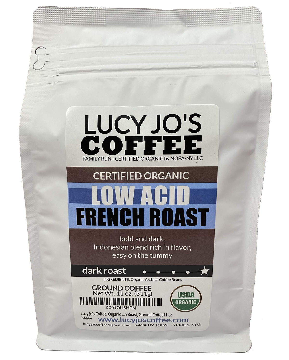Lucy Jo's Coffee Organic Low Acid French Roast ground coffee for a smooth, bold cup.