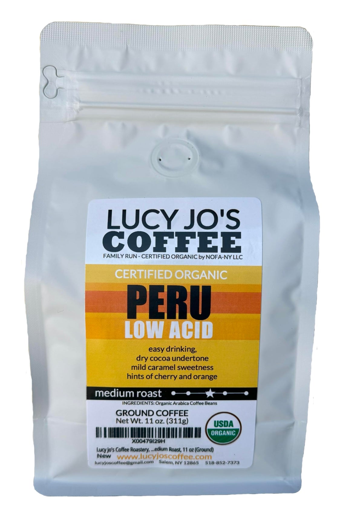 Lucy Jo's Coffee Organic Peru Low Acid ground coffee in 11 oz bag, easy on the palate