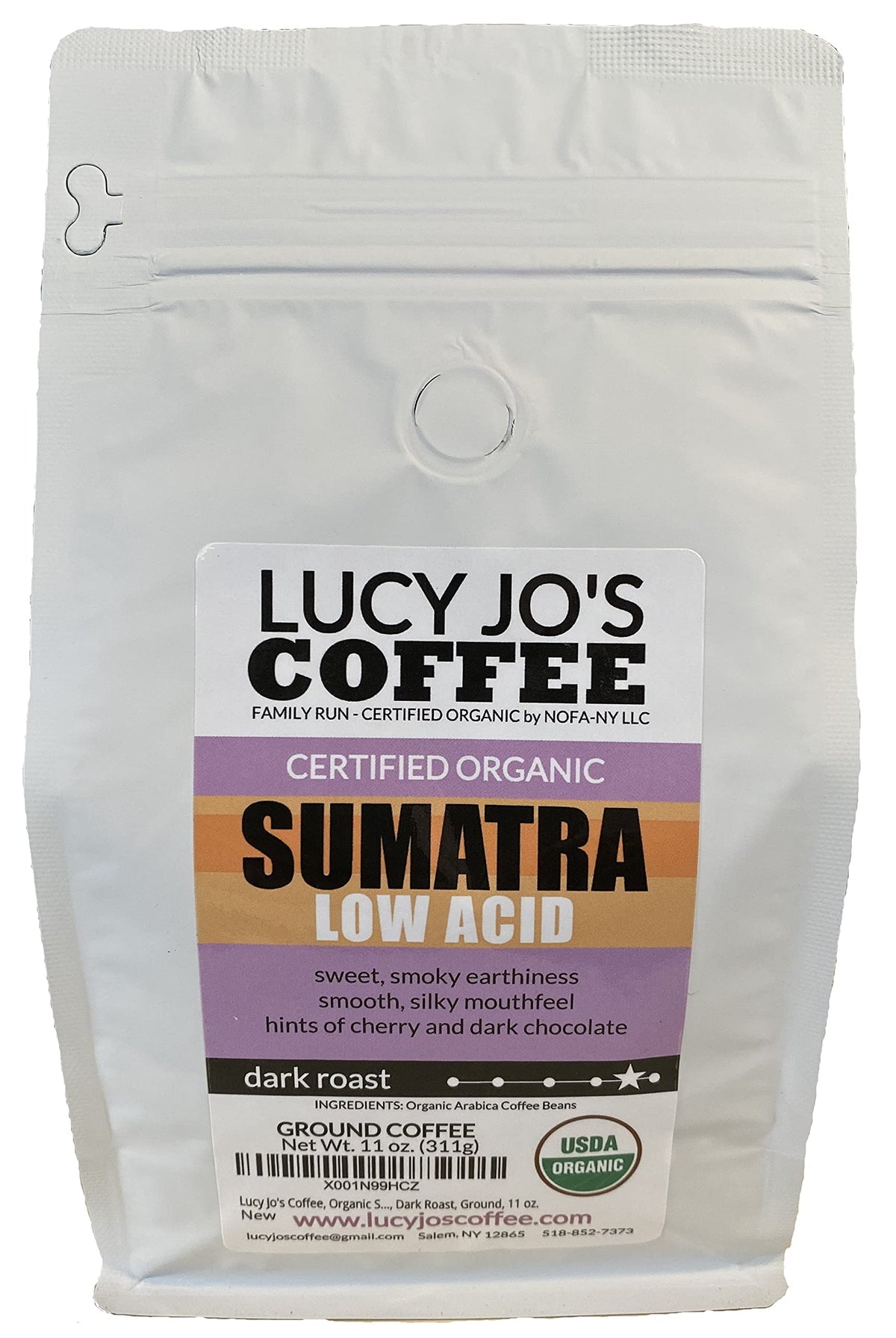 Lucy Jo's Coffee Sumatra low-acid ground, rich aroma for easy, enjoyable mornings