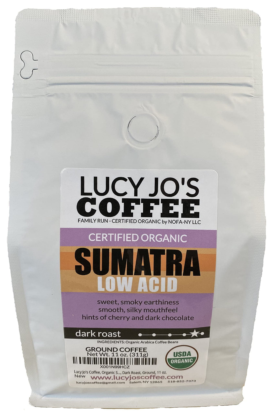 Lucy Jo's Coffee Sumatra low-acid ground, rich aroma for easy, enjoyable mornings