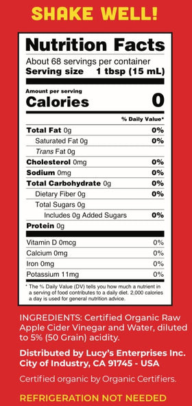 Front view of Lucy’s 34oz glass bottle highlighting packaging.