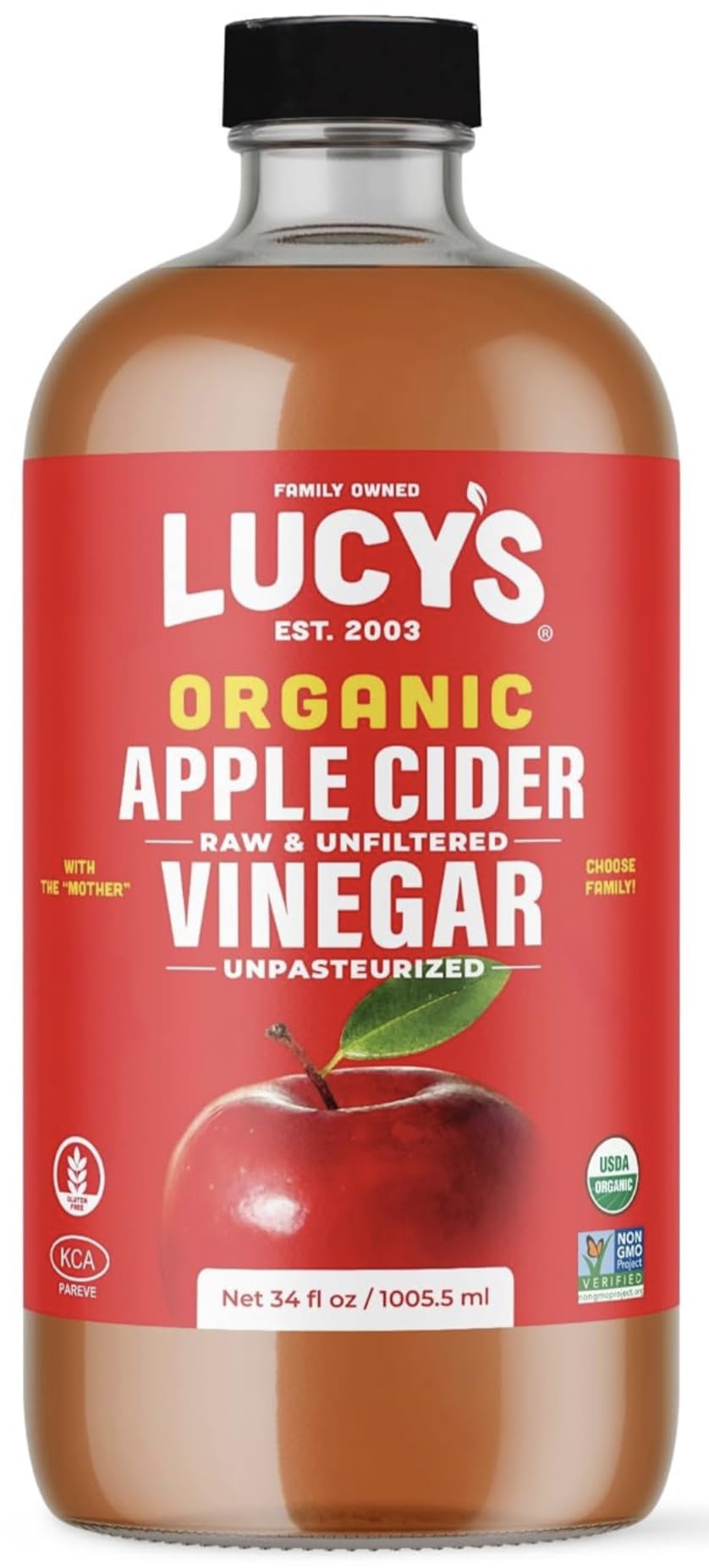 Lucy’s Apple Cider Vinegar bottle with the Mother, rich and unfiltered for dressings.