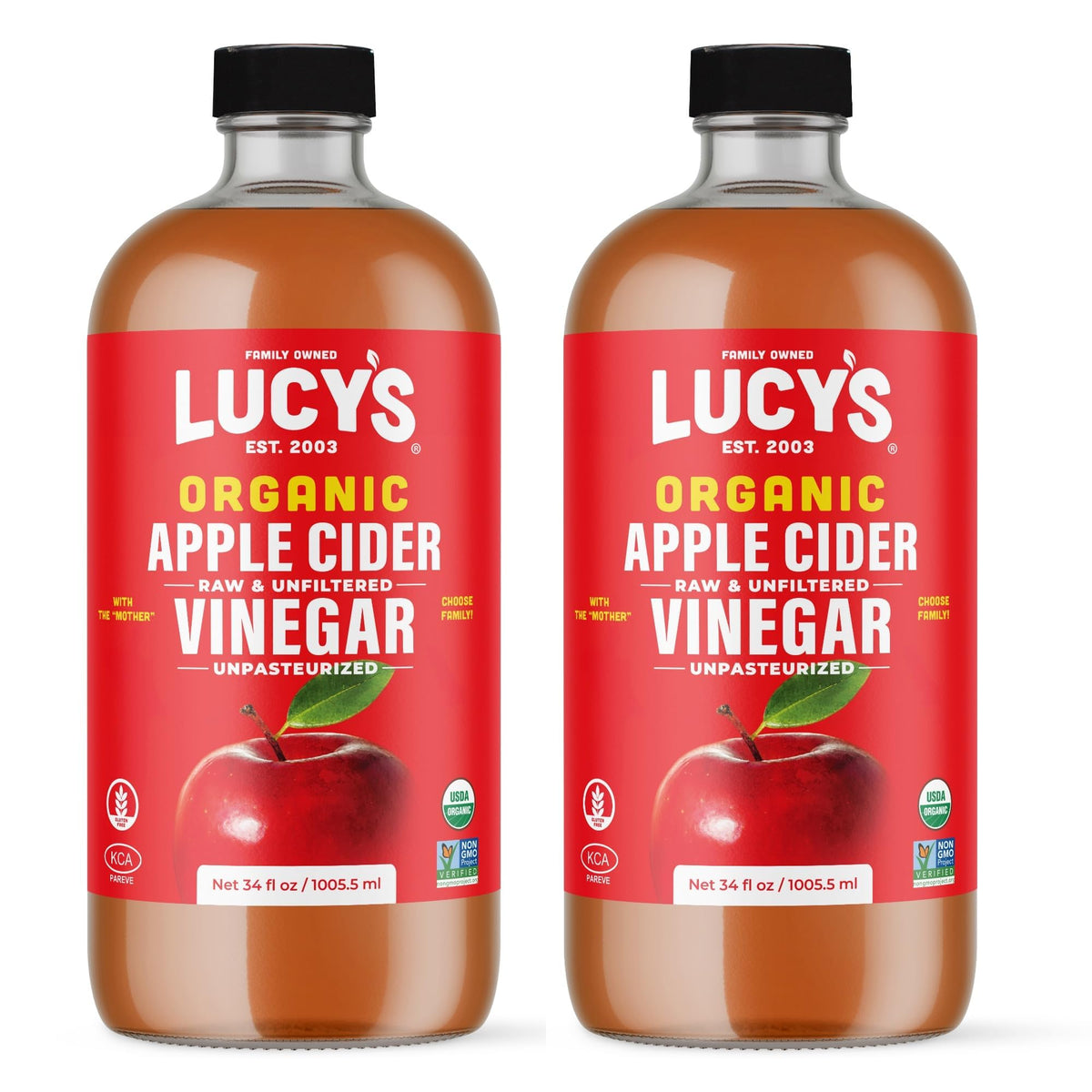 Lucy’s Apple Cider Vinegar with Mother in a 34oz glass bottle, ideal for dressings.