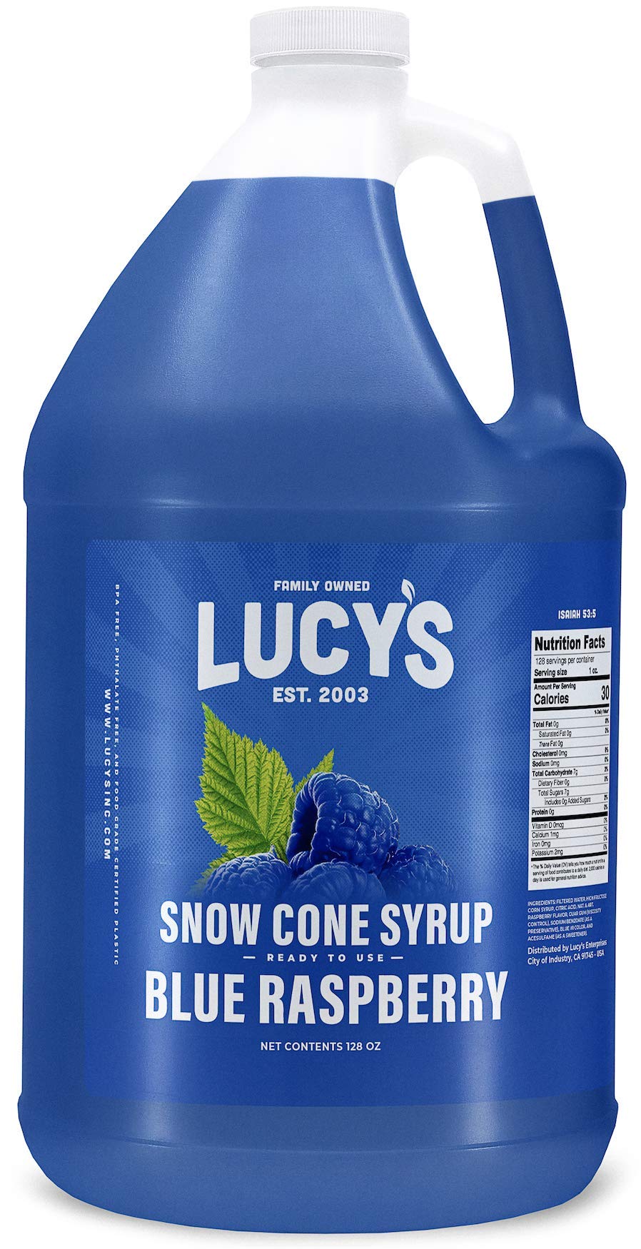 Lucy’s Blue Raspberry snow cone syrup bottle displays vibrant color for shaved ice.