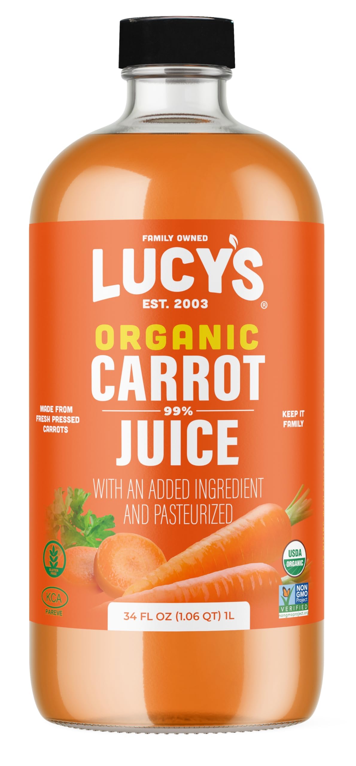 Lucy’s Carrot Juice 34oz glass bottle ready for refrigeration and tasting