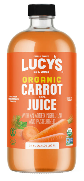 Lucy’s Carrot Juice 34oz glass bottle ready for refrigeration and tasting