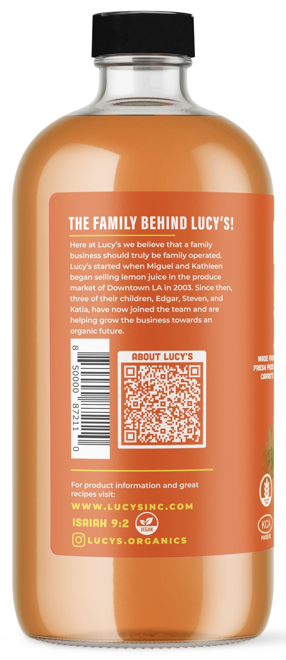 Lucy’s Carrot Juice being poured into a glass to highlight smooth texture