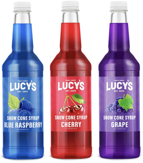 Lucy's Classic Pack blue raspberry syrup bottle for vibrant snow cones.