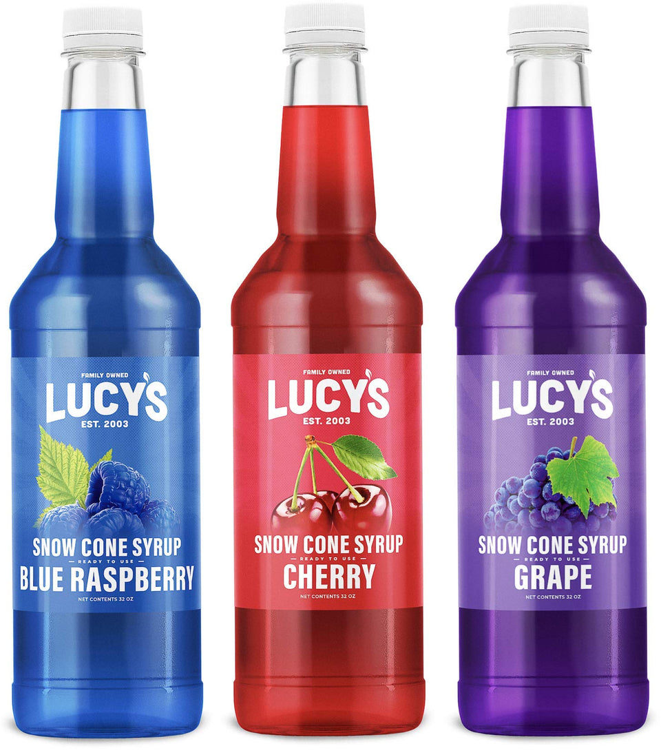 Lucy's Classic Pack blue raspberry syrup bottle for vibrant snow cones.