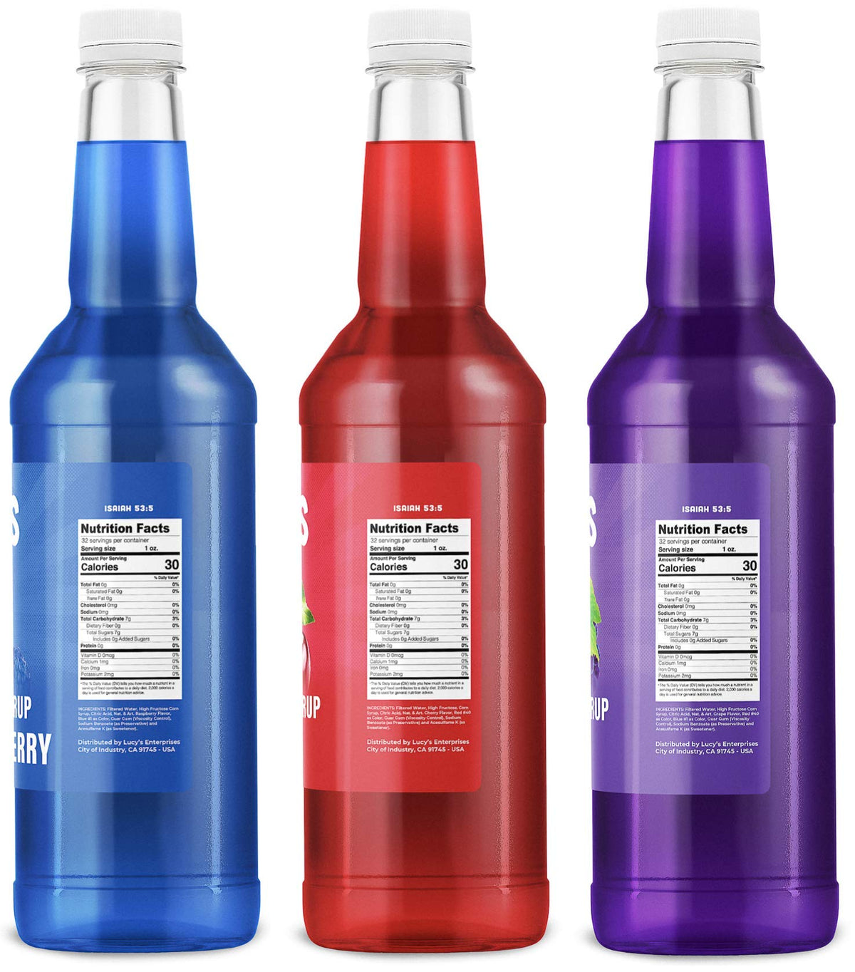 Lucy's Classic Pack cherry syrup bottle enhances fruity snow cones.