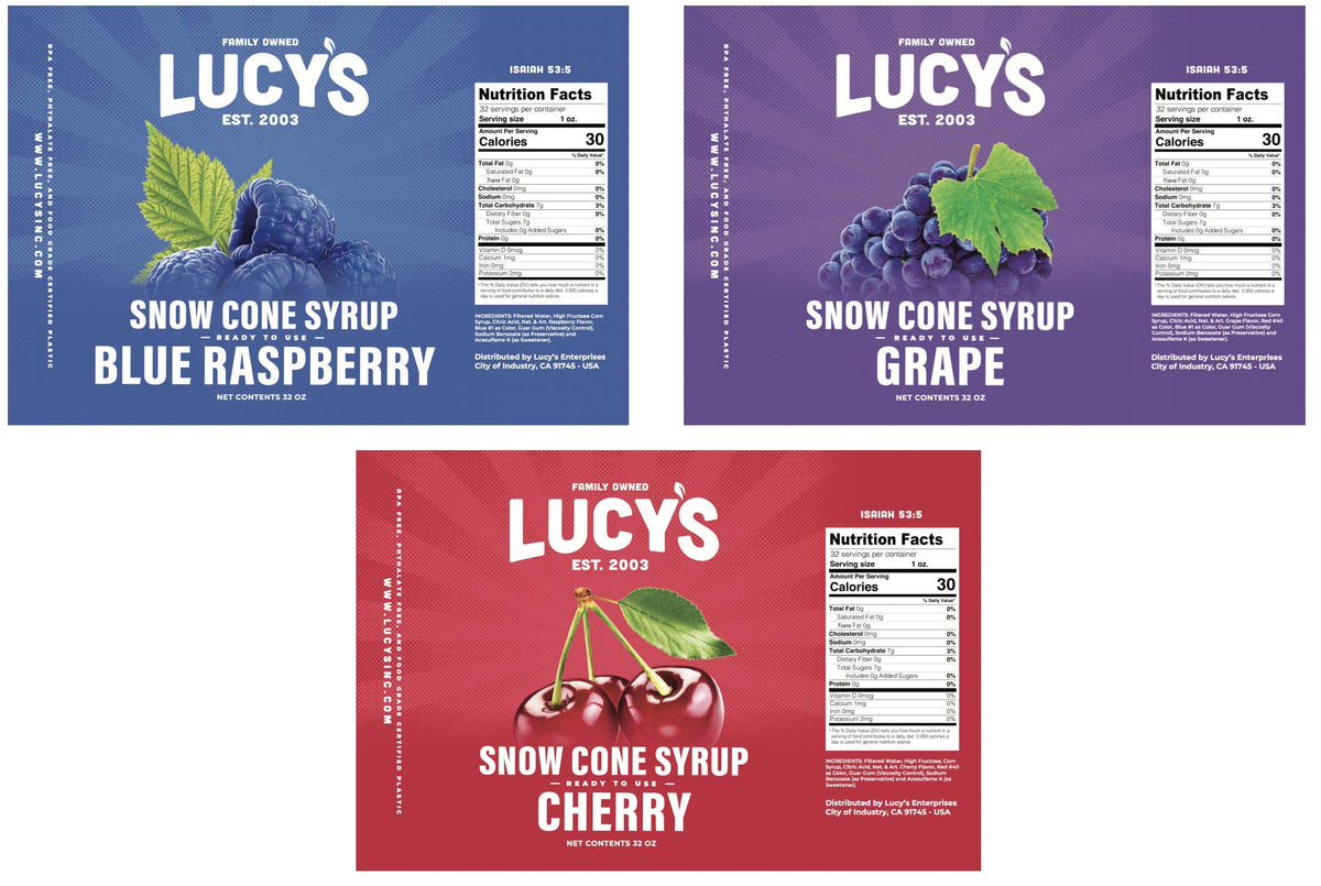 Lucy's Classic Pack grape syrup bottle adds bold color and flavor.