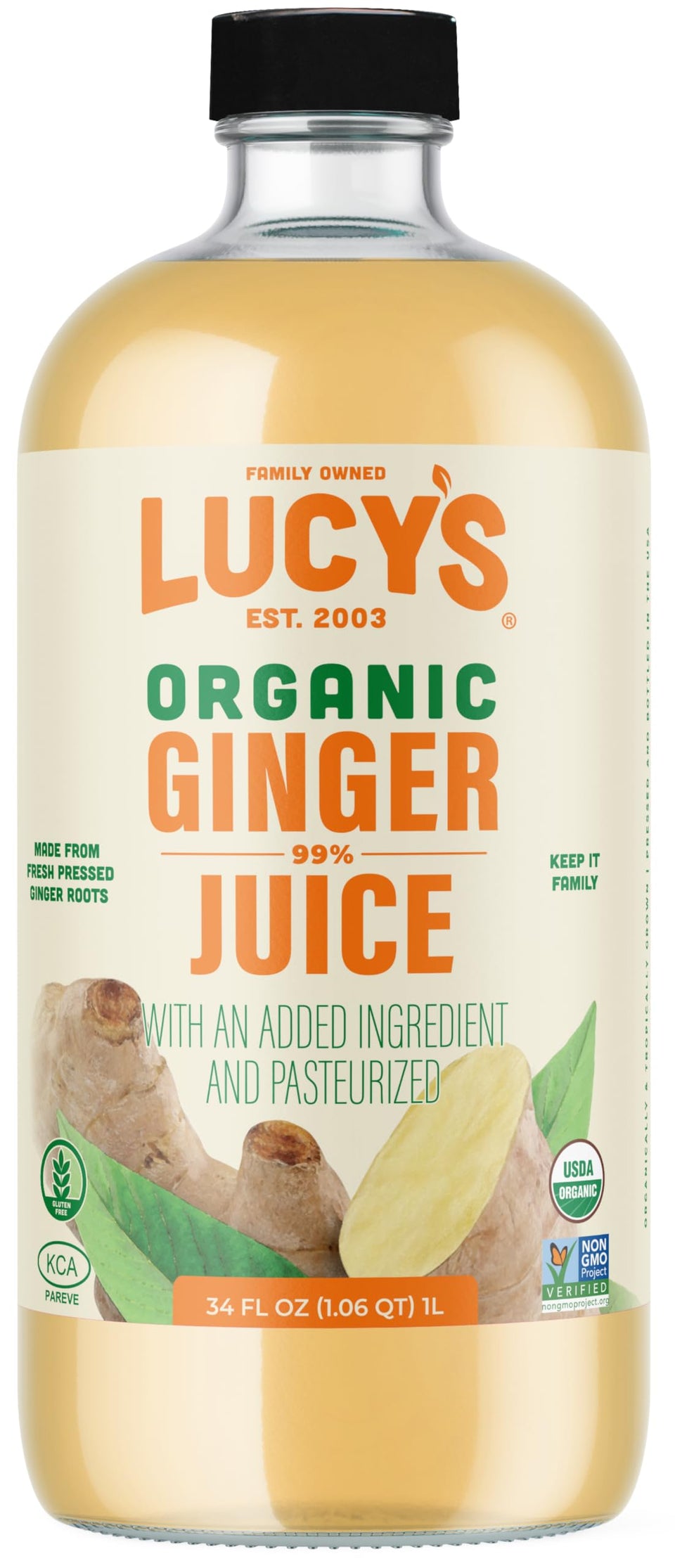 Lucy’s Ginger juice glass bottle front view highlights pure organic flavor