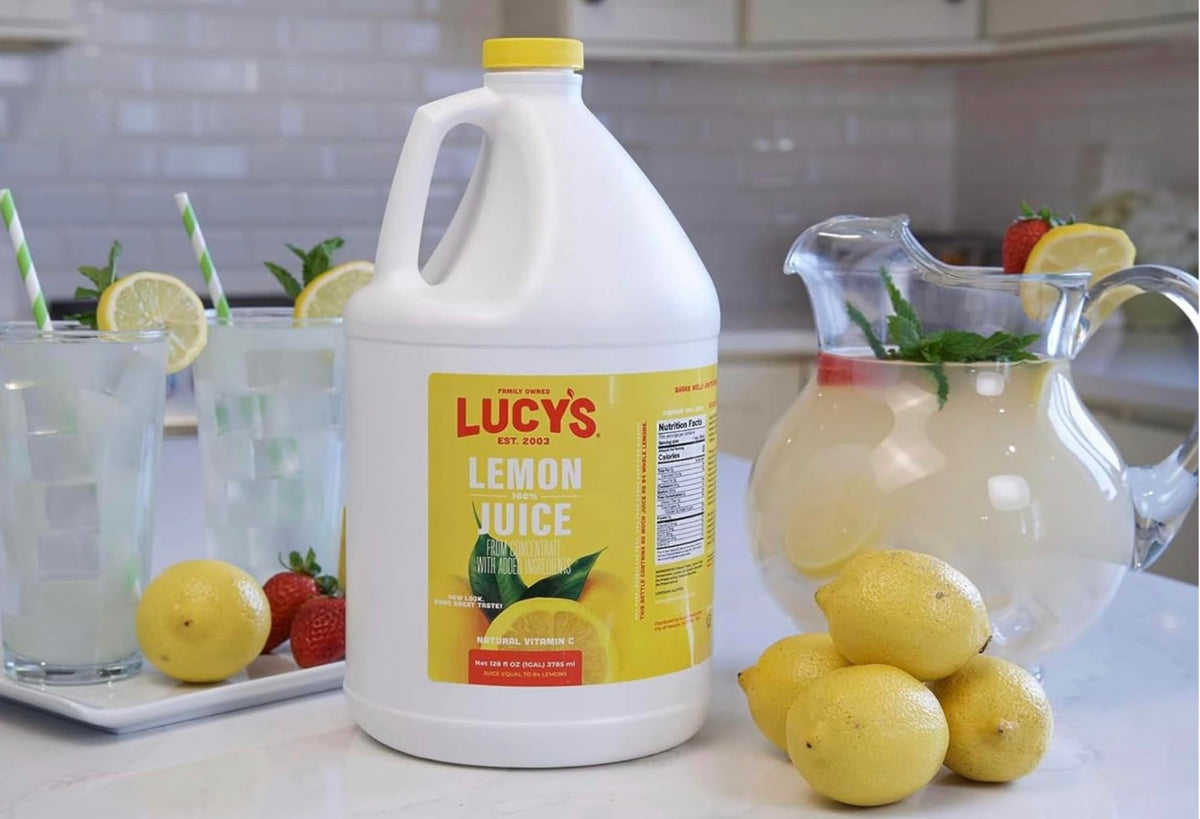 Ingredients panel of Lucy’s Lemon Juice Gallon showing concentrate and water balance.