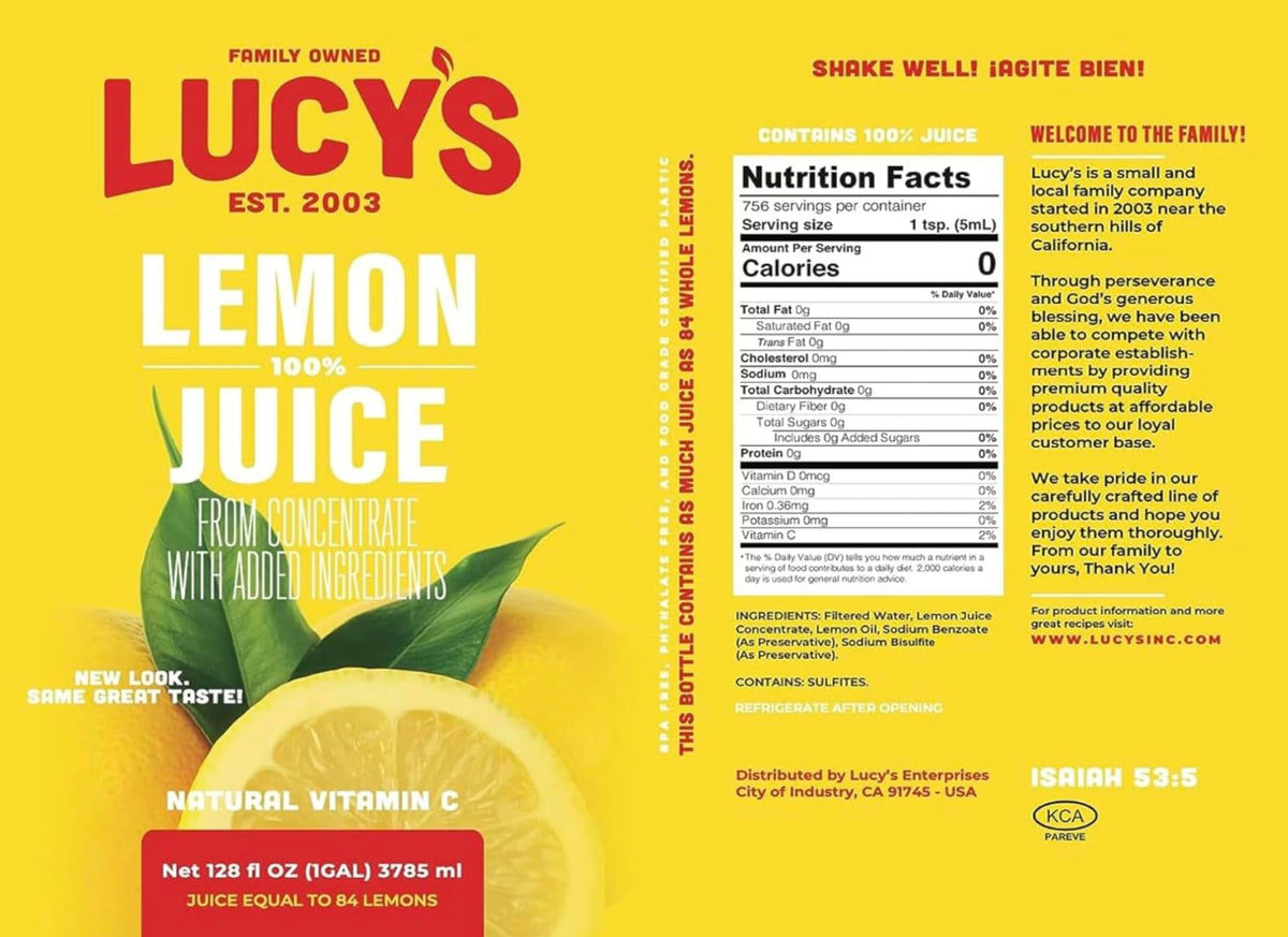 Lucy’s Lemon Juice Gallon on the kitchen counter ready for recipes.